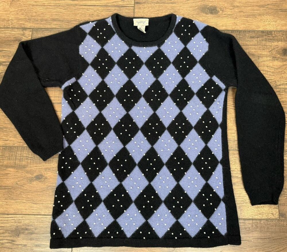 Vintage Lambswool Angora Rabbit Sweater Black Blue Plaid Beaded Women’s Sz Large